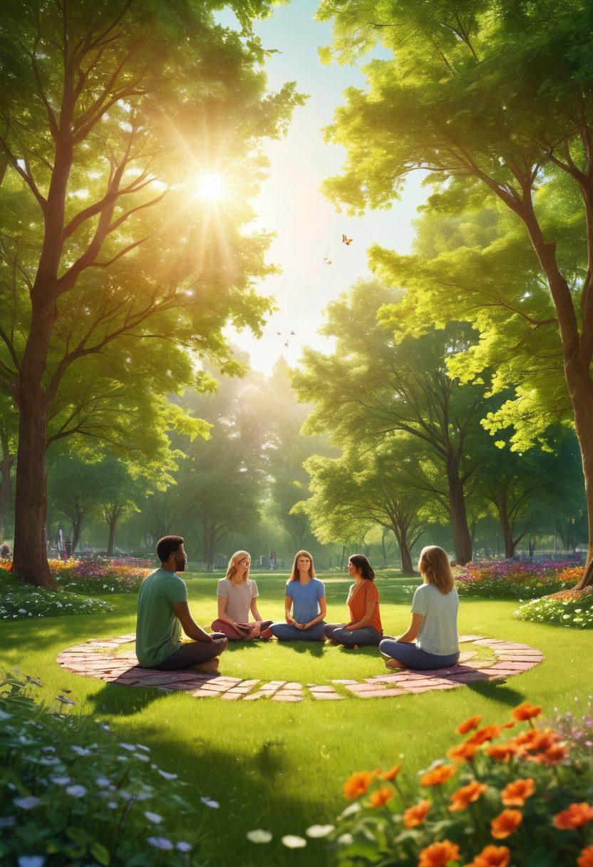 A serene landscape featuring a diverse group of people practicing mindfulness in a lush green park. Sunlight filters through the trees, casting warm rays on their peaceful expressions. Include elements of coaching, like a mentor guiding a small group in a circle. Add colorful flowers and butterflies to enhance the uplifting atmosphere. vibrant colors. super-realistic.