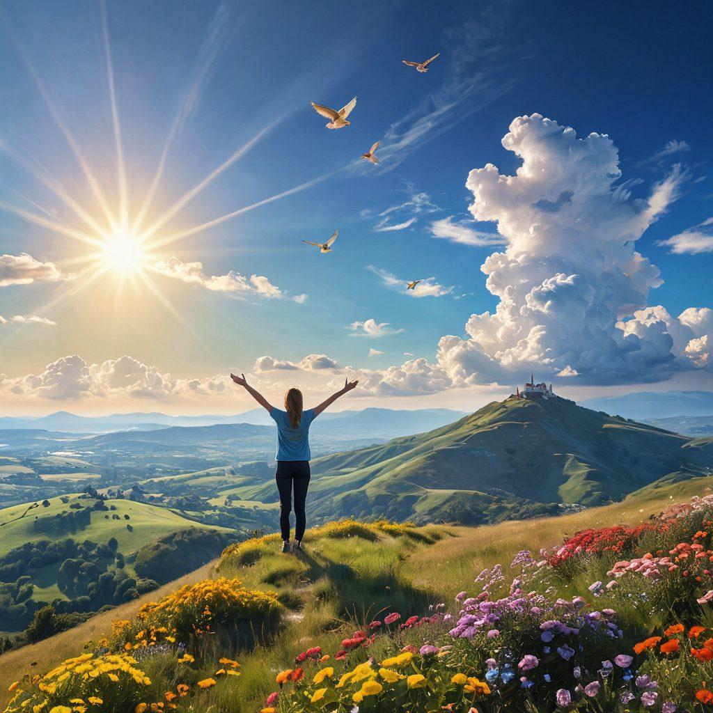 A serene landscape featuring a cheerful person standing on a hilltop with arms stretched wide open, basking in the sunlight, surrounded by vibrant flowers and a clear blue sky. The scene embodies joy and optimism, with soft clouds drifting above and birds in flight, symbolizing freedom and happiness. Include subtle visuals of thought bubbles containing tips and advice floating around. super-realistic. vibrant colors. uplifting atmosphere.