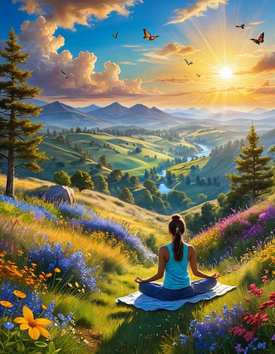 A serene landscape featuring a person meditating on a peaceful hillside, bathed in golden sunlight, surrounded by vibrant wildflowers and fluttering butterflies; the sky is a brilliant blue with soft, fluffy clouds. Include elements of joy, such as people laughing and engaging in activities like yoga and painting in the background. Create an atmosphere of tranquility and happiness, reflecting on the theme of a thriving lifestyle. super-realistic. vibrant colors. sunny background.